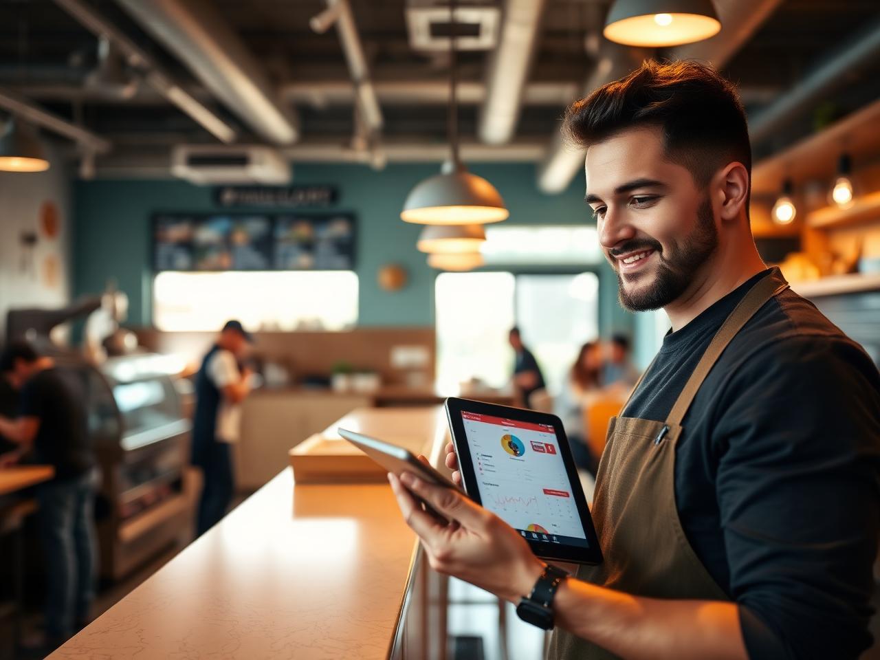 Restaurant owner reviewing online ordering performance on a tablet at the counter