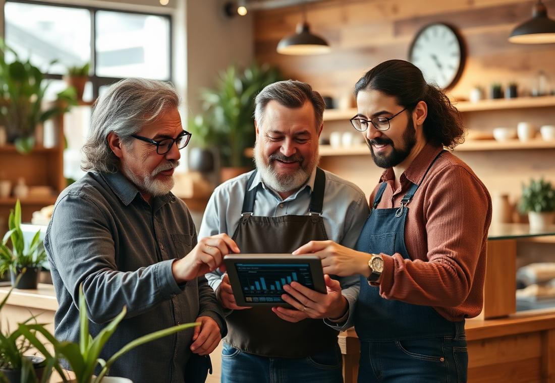 Local business owners reviewing their monthly numbers together