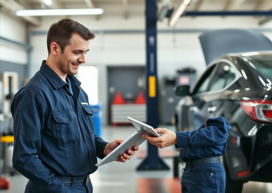 Mechanic reviewing a repair estimate on a tablet