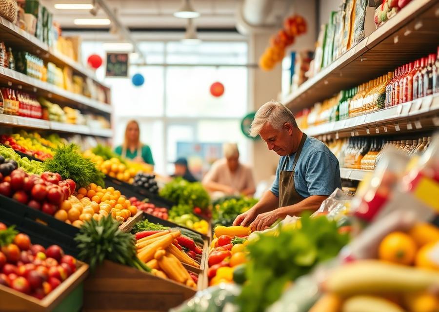 Grocery store owner arranging fresh produce
