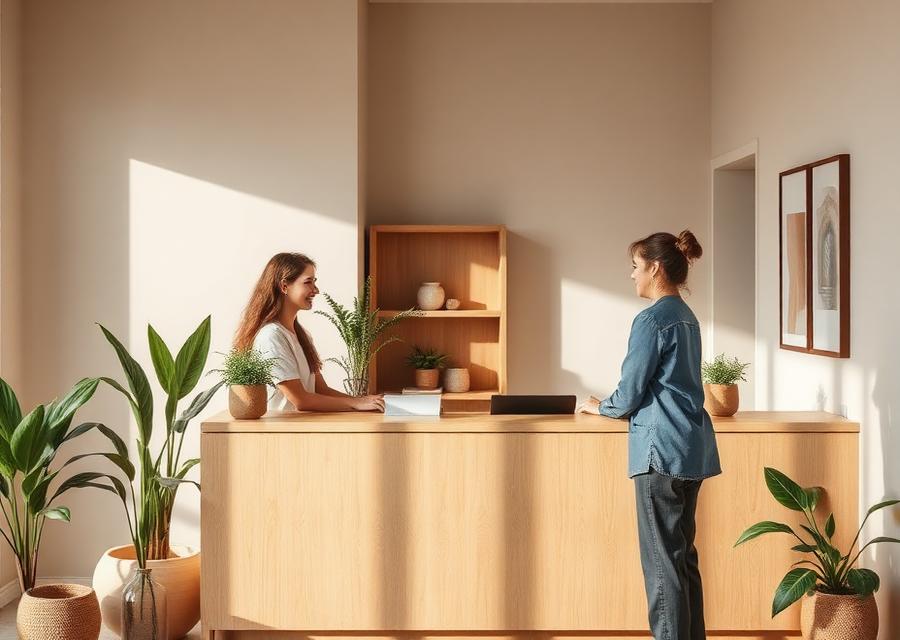 Wellness studio reception welcoming a client